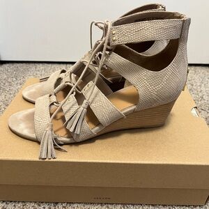 UGG Taupe Textured Lace-Up Wedge Sandals with Tassels